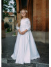 White Satin Lace Flower Girl Dress With Pearls Belt